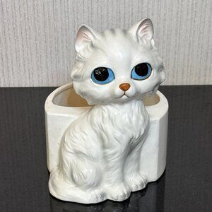 Lefton Gray Tabby Cat Planter Figurine Blue Eyes Mid Century Kitty Japan 60s
